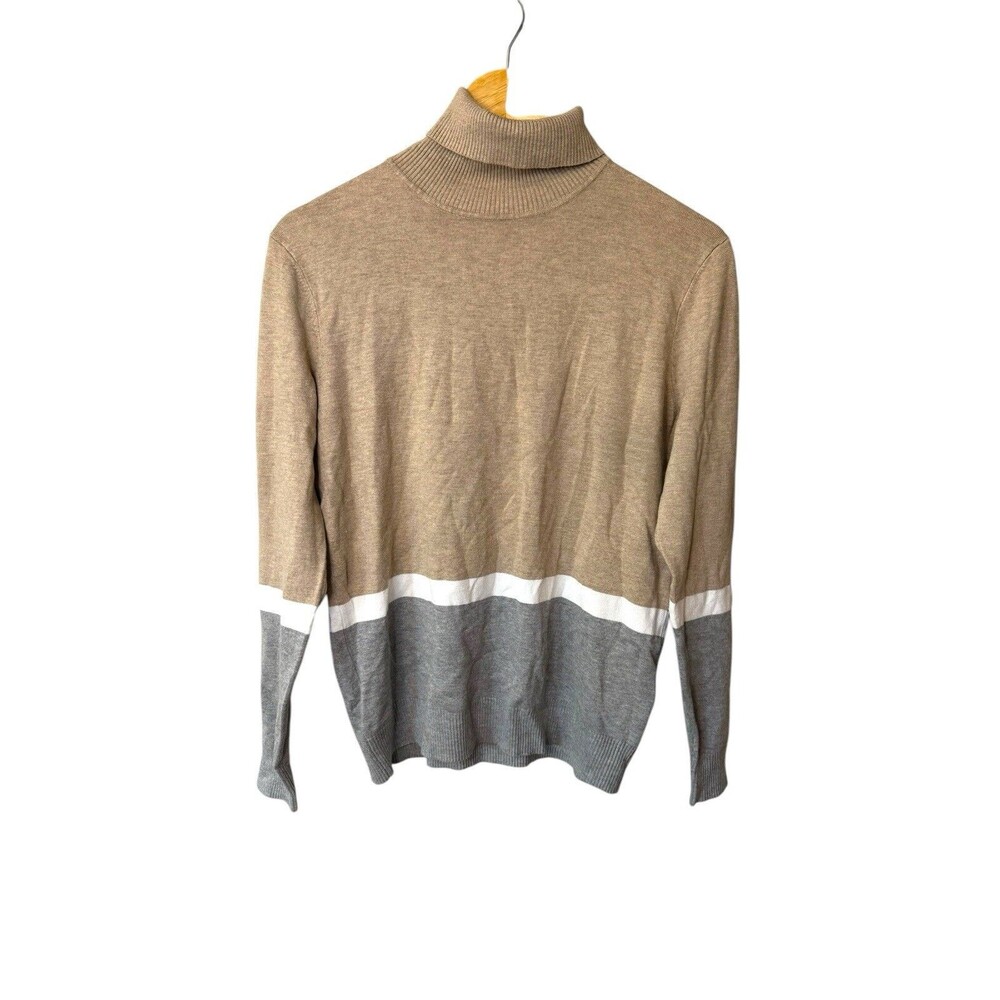Color Block Turtleneck Sweater Beige Gray White Rayon Pullover Womens Med.